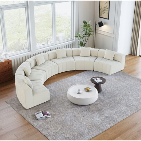 Sofá modular 6 plazas curvo beige en tela, diseño semicircular con 2 cojines, asiento estilo teclas de piano para salón, dormitorio u oficina -FLORAGRACE (1/5)