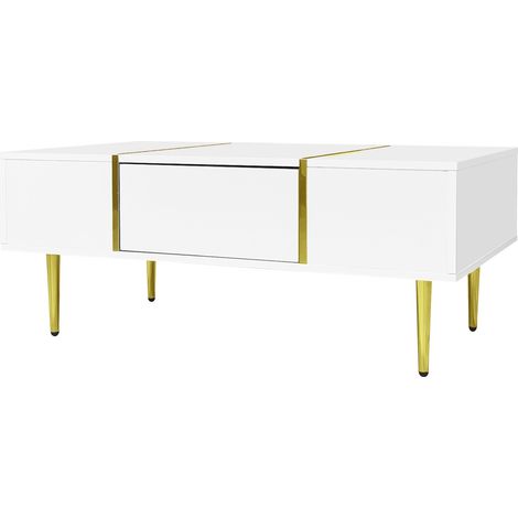 Mesa de centro blanca brillo alto con 2 cajones, MDF y detalles metálicos dorados (1/5)