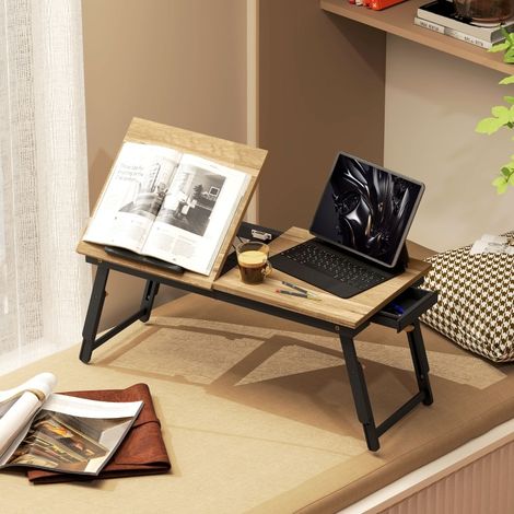 Tavolino da letto regolabile e inclinabile con cassetto, pieghevole, 83,5 x 33 cm, rovere OKMYHOME (1/5)