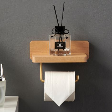 Devidoir Porte Papier Toilette Double Installation Bois Massif Hêtre Dérouleur Support Papier WC Mural Auto-adhésif Coins Arrondis Porte Rouleau de Papier Décor pour la Salle de Bain Cuisine (Hêtre) (1/5)