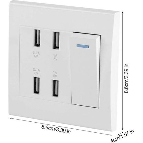 Jeffergarden – Presa a muro USB a 4 porte 5V 2.1A con interruttore – Protezione da sovratensione – Materiale PC ignifugo – Per dispositivi elettronici – 4100mA (1/4)