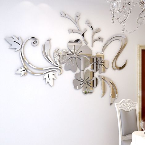 Sticker mural 3D effet miroir, en acrylique argenté, en forme d'hibiscus, pour la décoration du salon. (1/5)