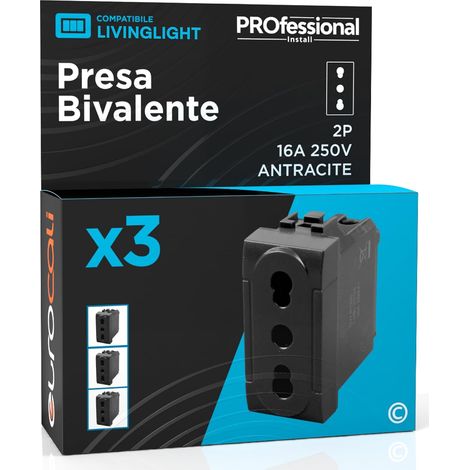 Prise électrique italienne 2P+T bivalente 10/16A 250V prise de courant bipasso Pluristandard murale couleur anthracite fruits compatibles avec BTicino Livinglight Séries Résidentielles 818N - Lot de 3 (1/5)