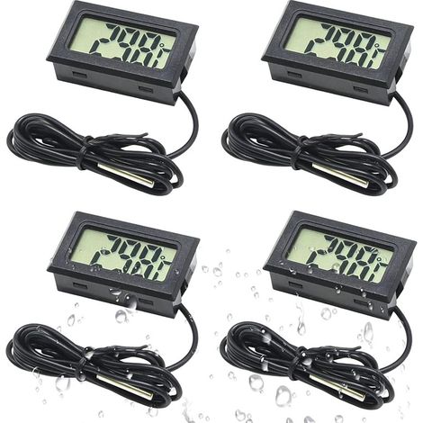 Lot de 4 thermomètres numériques LCD avec sonde externe étanche pour réfrigérateur , congélateur , aquarium , aquarium , température de l'eau (noir) (1/5)