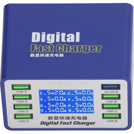 Chargeur USB avec puce de puissance PWM, technologie de détection automatique, 8 ports QC3.0, USB-A et affichage numérique, 50 W (1/5)