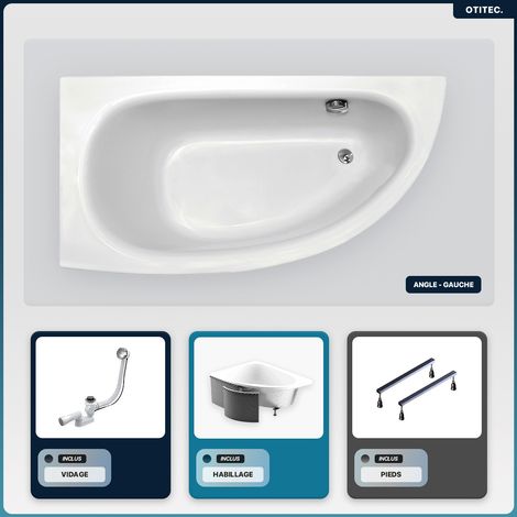 Baignoire asymétrique - 150 x 70 cm - Gauche - avec Habillage - Pieds - Vidage Chrome - MILENA (1/5)