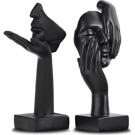 Lot de 2 Statues, Visage de Femme, Résine, Design Abstrait, Noir et Or, 16,5cm, Décoration Intérieur, Salon, Bureau
