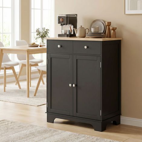HOMCOM Buffet Salon Rangement – Placards, 2 Tiroirs, Étagères Réglables, Noir Bois Naturel (68x40,3x85cm) (1/5)