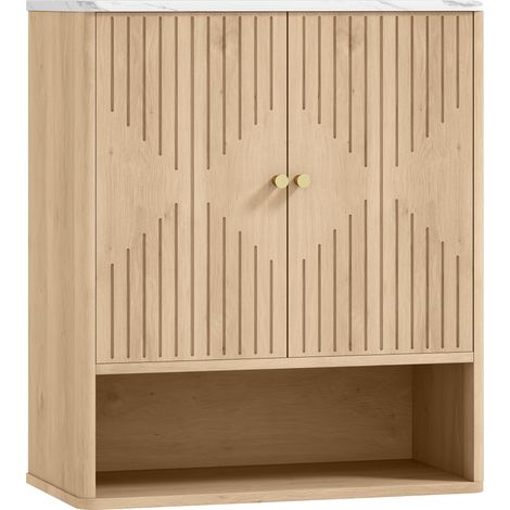 Armadietto Bagno a Parete 60x18x70 cm con Ripiano a Giorno Ante Decorate e Piano Effetto Marmo in MDF Rovere (1/5)