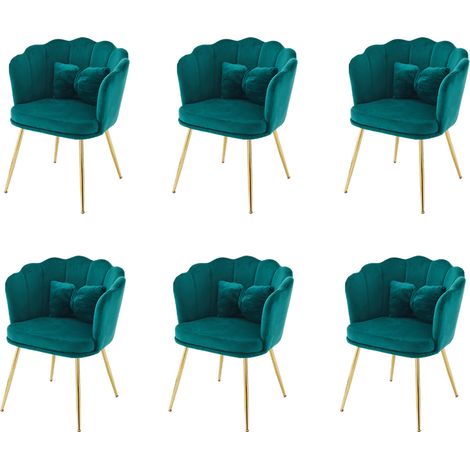 Set di 6 sedie da sala da pranzo in velluto verde con schienale a petali, seduta imbottita, gambe in metallo dorato e cuscino a farfalla (1/5)