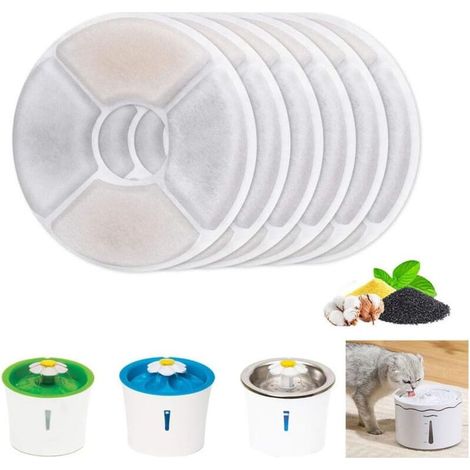 6 filtres automatiques ronds pour fontaine à chat - Lot avec résine et charbon actif, filtre à eau de rechange pour chats et chiens par (1/4)