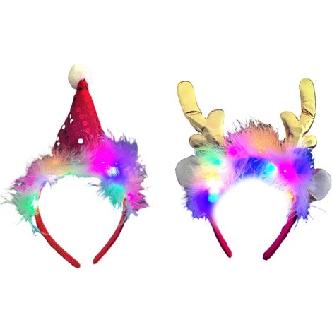 Lot de 2 serre-têtes de Noël lumineux à LED en forme de sapin et de renne, accessoires de coiffure mignons pour les fêtes et les occasions spéciales, pour femmes et filles. (1/5)