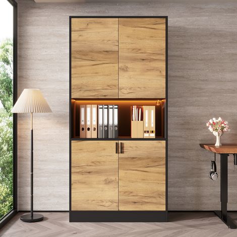 Armoire De Bureau Haute 80x35x180cm Avec Éclairage LED, Meuble De Rangement Polyvalent En Bois Noir Avec Étagères Réglables Pour Salon Et Entrée (1/5)