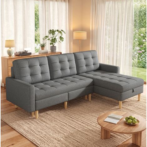 Sofá esquinero con almacenaje 212 x 130 x 86 cm, chaise longue reversible, 3 plazas, gris (1/5)