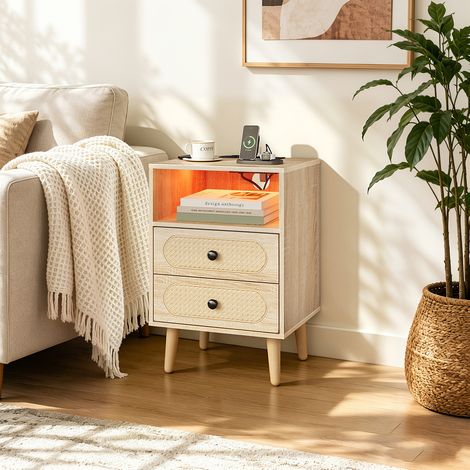 WOLTU 1x Nachttisch, Nachtschrank Sofatisch mit Ladefunktion LED-Beleuchtung, Beistelltisch mit 2 Schubladen, 1 offenem Fach, für Schlafzimmer Wohnzimmer, 40x35x60 cm, Helle Eiche (1/5)