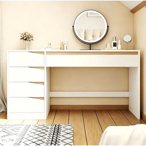 Bureau 140x50x78 cm en panneaux de bois blanc, avec rangement pour bureau FloraGrace (1/5)