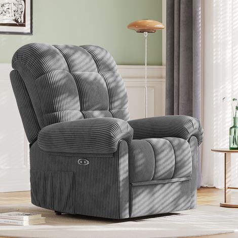Neche – Fauteuil relax électrique en velours côtelé – Inclinaison réglable 75°-150° – Repose-pieds intégré – Accoudoirs ergonomiques – Gris