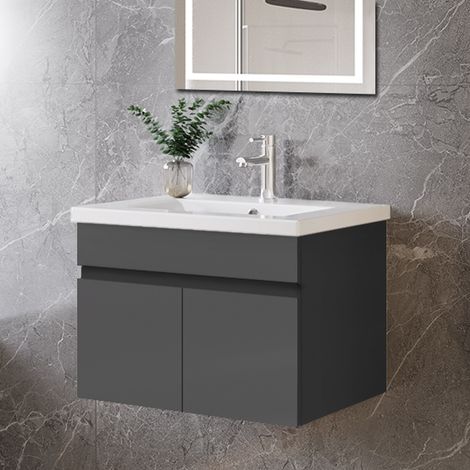Biubiubath 600mm Bathroom Vanity Units with Basin Sink 2 Soft-close Doors Wall Hung Cabinet (1/4)