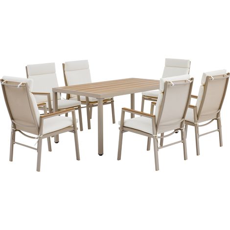 Set de jardin pour 6 personnes – Table et 6 chaises, assise en textile respirant et drainant, coussins 25D, cadre en acier galvanisé, plateau en bois composite (WPC) – Idéal pour terrasse et balcon –  (1/4)