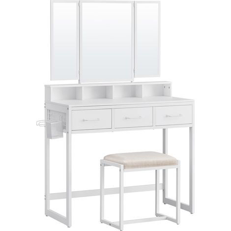 VASAGLE Toeletta con sgabello imbottito, tavolo da toeletta con triplo specchio, 3 cassetti, porta asciugacapelli, cosmetico stile moderno, bianco RVT004W14 (1/5)