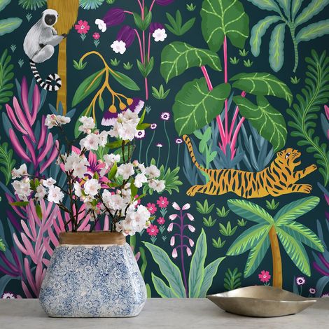Carta da parati tropicale design foresta con animali Tiger (1/5)