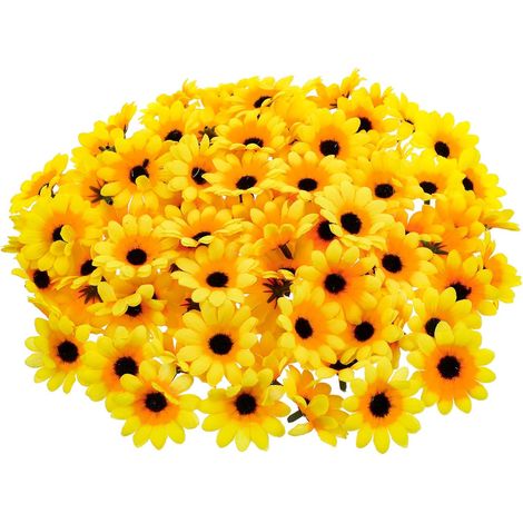 Lot de 100 fleurs artificielles, tournesol jaune, nylon et polyéthylène, pour couronne, mariage, décoration intérieure