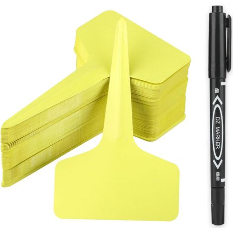 100 Pflanzenetiketten für Gemüsegärten, Kunststoff-Setzlingsetiketten und Stift, für Kräuteretiketten im Garten, gelb (1/5)