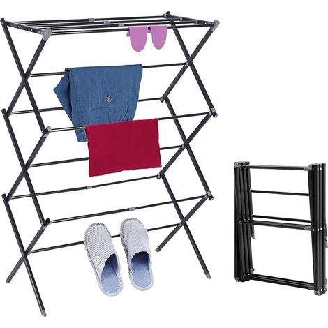 Séchoir à linge pliable, 6 niveaux avec 11 rails, gain de place, pliable et extensible, idéal pour les petits espaces, utilisation en intérieur et en extérieur, noir