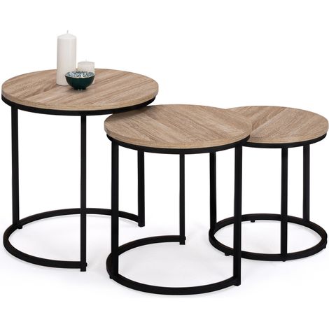 Idmarket – Lot de 3 tables basses gigognes rondes 35/40/45 cm – Structure métal noir – Plateau bois naturel – Style industriel