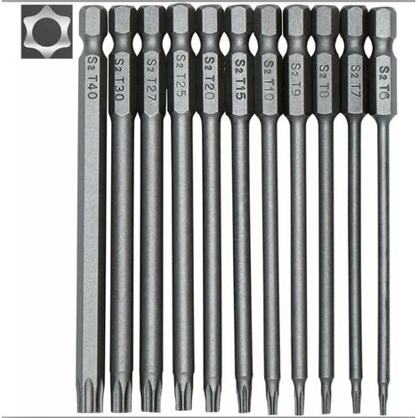 Embouts Torx - 11 Pièces Longueur 100 mm - Tige Hexagonale 1/4 Pouces - Magnétiques - Tailles T6 à T40 (1/5)