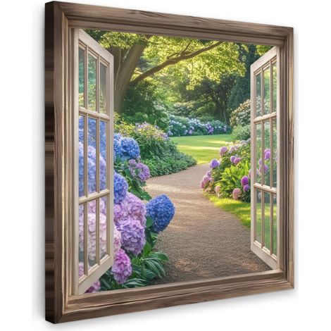 TABLEAU SUR TOILE Vue - Jardin - Fenêtre - Hortensia - Fleurs Tableau Chambre Adulte 90x90 cm