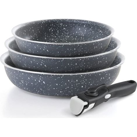 Batterie de Cuisine à Induction 4 Pièces - Set de 3 Poêles en Aluminium Anti-Adhésives 20, 24 et 28 cm avec Poignée Amovible - Lot pour Tout Feu - Gris Marbre (1/5)