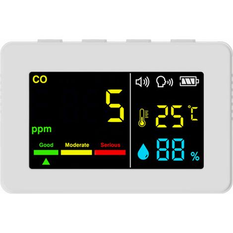 Compteur portable de qualité de l’air 3 en 1, CO, température et humidité, écran couleur, détecteur de monoxyde de carbone avec alarme vocale et affichage de la batterie,de DEBUNS (1/5)