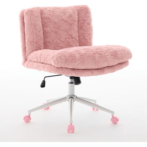 CAIziChaise de bureau avec assise plus large W26.4 inch, chaise de bureau pour la maison en fausse fourrure de lapin avec base en métal, chaise de bureau pivotante et réglable, chaise coiffeuse (rose)