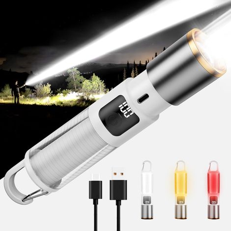 Rechargeable LED flashlight with ambient light, super bright 2000lm flashlight with hook, 7 modes, 3 colors, zoomable flashlight, high lumens (1/5)