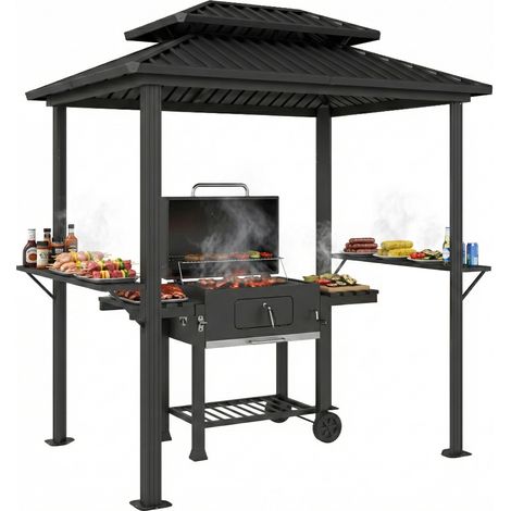 Abri barbecue extérieur tonnelle de jardin aluminium double toit 2 étagères latérales crochets 231x165x246cm noir, gazebo barbecue résistant aux intempéries pour terrasse, abri de jardin moderne avec  (1/5)