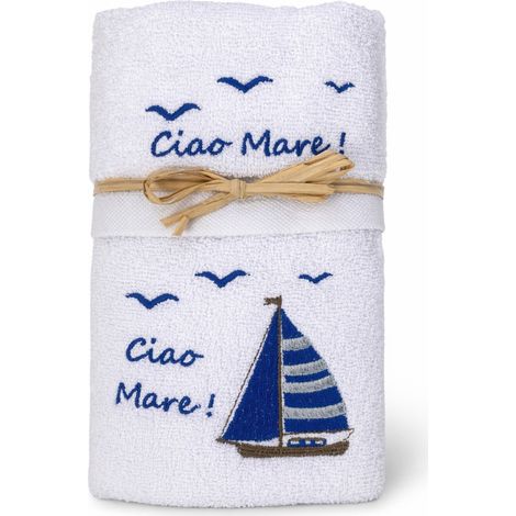 Ensemble de serviettes de bain blanc « Ciao Mare » en éponge 100 % coton, broderie de voilier bleu, fabriqué en Italie, idée cad