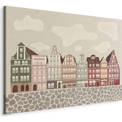 Gemälde – Plac Solny – farbenfrohe, illustrierte Mietshäuser vor bewölktem Himmel / Bunte Fassaden – historische Mietshäuser in Breslau vor Himmel und Kopfsteinpflasterstraße