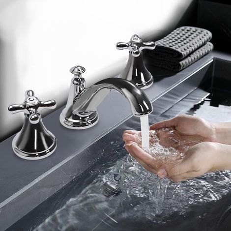 Mitigeur lavabo 3 trous, robinet de baignoire, mitigeur, mitigeur lavabo, finition dorée polie, robinet lavabo à 2 poignées, argenté