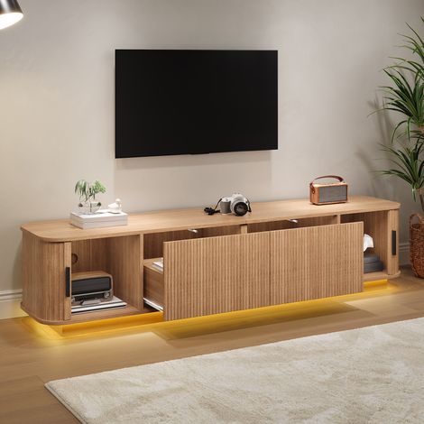 Tkopy-Meuble tv 180 cm longueurm, table television salon, Meuble bas aux angles arrondis, tiroirs ondulés, portes coulissantes rainurées, éclairage LED, couleur naturel (1/5)