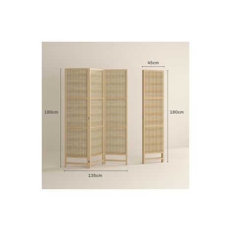 Paravent 3 panneaux 135 x 180 cm Séparateur de pièce en rotin PP, Pliant Brise-vue pour Salon Naturel (1/5)