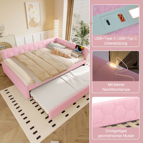 Lit de jour 140×200cm rose faux polaire,base lattes sans matelas,lampe chevet,multifonction,USB/Type-C,matériau doux et confortable