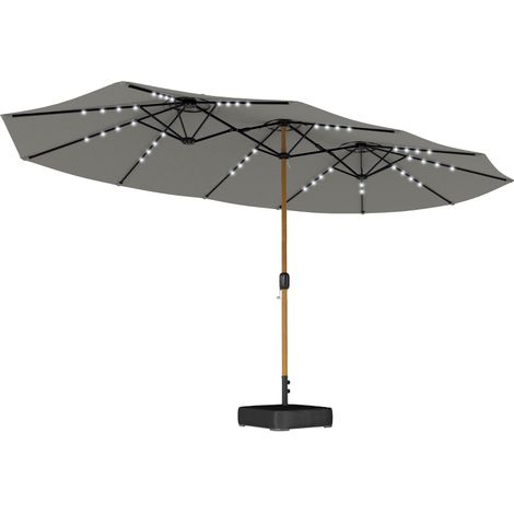 Double Sided Garden Parasol with Base Included & 48 Solar LED Lights Patio Umbrella Crank Handle 4.6m Light Grey