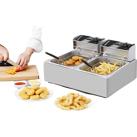 Friteuse à double cuve, puissance de 2500 W, plage de température de 60 à 200 °C, capacité de 6L par cuve, montage sur table, matériau en acier inoxydable (1/5)