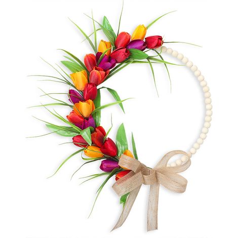 Guirlande Porte - Couronne De Tulipes Artificielles - Décoration De Printemps Et Pâques - 35 Cm - Perles En Bois - 1 Pièce (1/5)