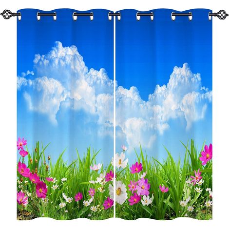 Rideau Occultant Ciel Bleu Nuage Blanc Fleur Rideau Thermique Isolant Tenture Opaque à Oeillets Draperies Intérieurs pour Maison Chambre Salon 2 Panneaux L 117 x H 138 cm - 117L X 138H cm (2 Panneaux) (1/5)