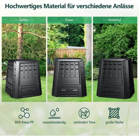 Gartenkompostbehälter 380 l - Schwarz, robustes PP mit Deckel