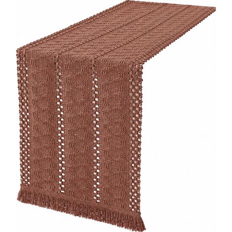 Chemin de table rétro à rayures japonaises, nappe en coton et lin tissée, motif Noël. Largeur variable selon la couleur x longueur 120 cm (pompons inclus) - Trois rangées - couleur café (30 cm de larg (1/5)