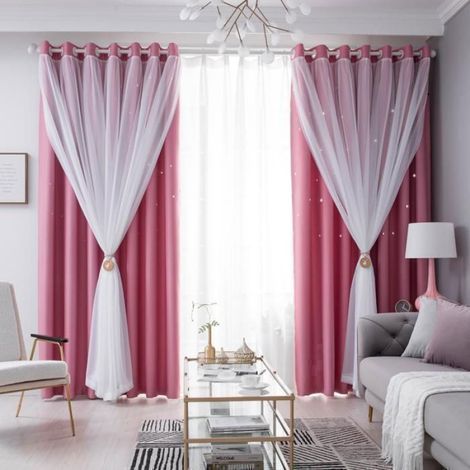 2 Panneaux - Double rideau - Motif étoile creuse - Occultant - 100 x 250cm - Rose-pour Salon et Chambre (1/4)
