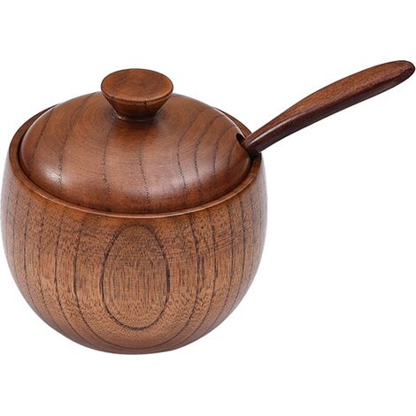 1 Pot à épices en bois, couvercle amovible, cuillère incluse, rangement cuisine, sel sucre (1/5)